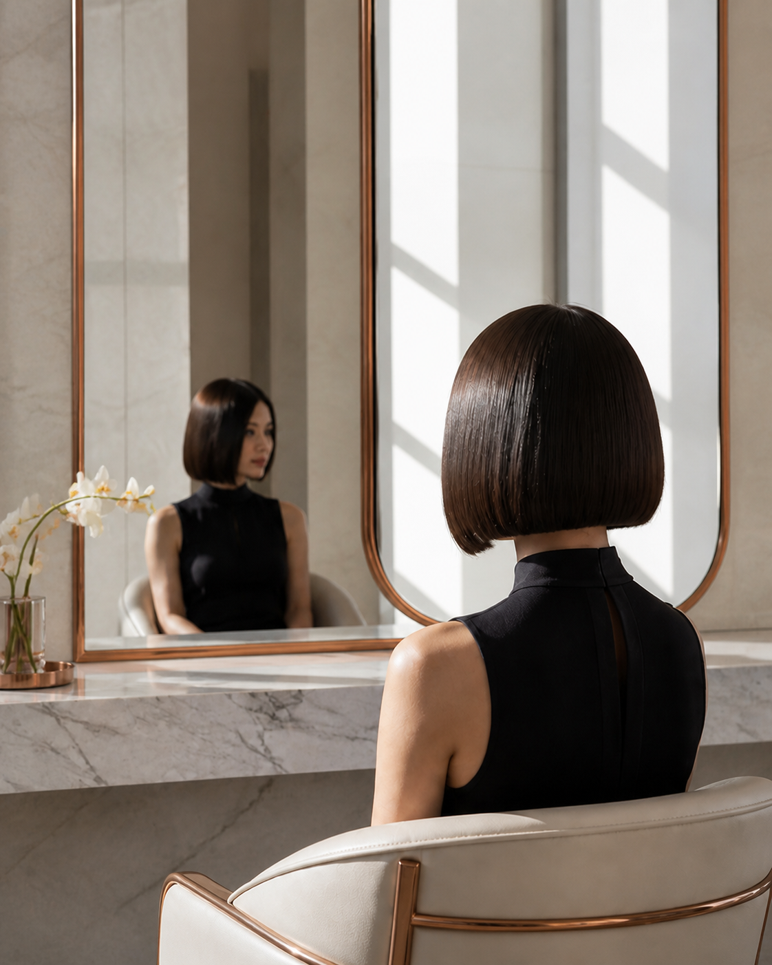 Woman with a glossy bob seated in a sunlit salon mirror