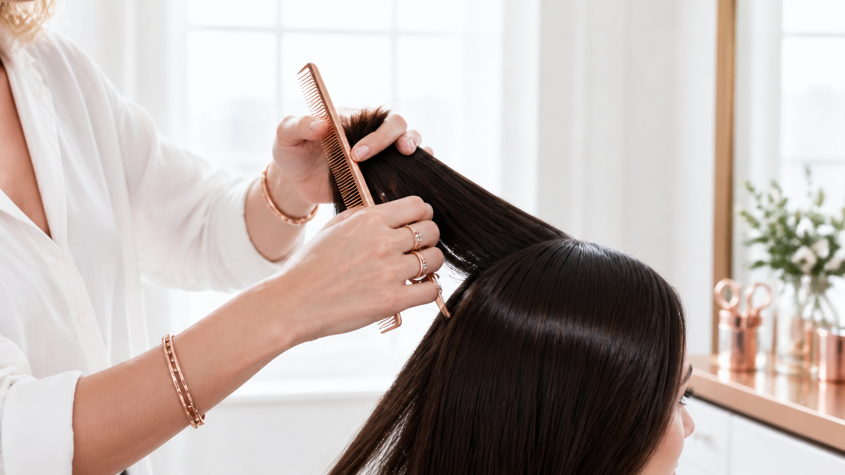 Close detail of rose-gold salon tools and glossy hair